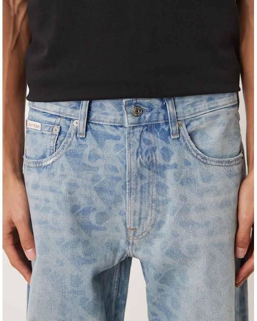 Calvin Klein Blue All Over Logo 90S Straight Fit Jeans for men