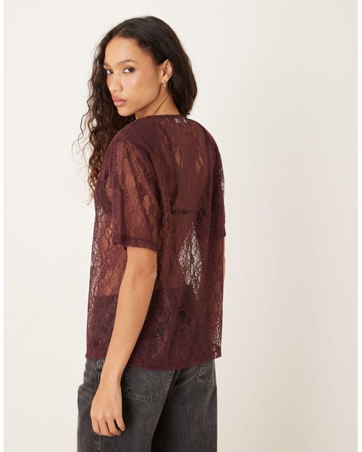 ASOS Red Lace Boxy Sheer Tee With Shoulder Pads