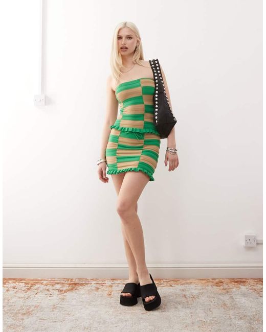 Collusion Green Knitted Checkerboard Mini Skirt Top