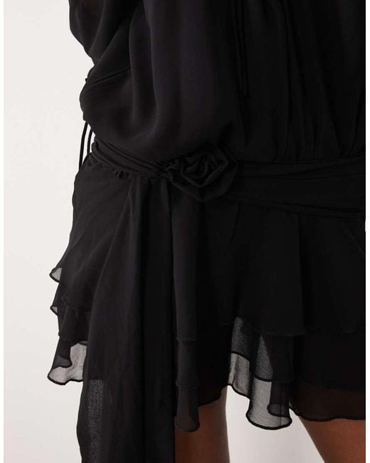 Oh Polly Black Chiffon Off Shoulder Balloon Sleeve Layered Skirt Tie Detail Mini Dress