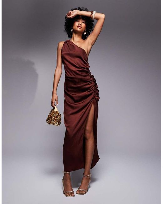 ASOS Purple One Shoulder Satin Ruched Side Midi Dress