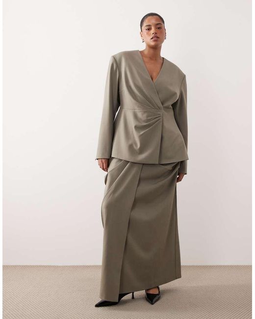 ARRANGE Brown Curve Cinched Collarless Pleated Wrap Blazer