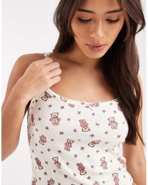 Miss Selfridge White Teddy Bear Print Mix And Match Pyjama Cami Top