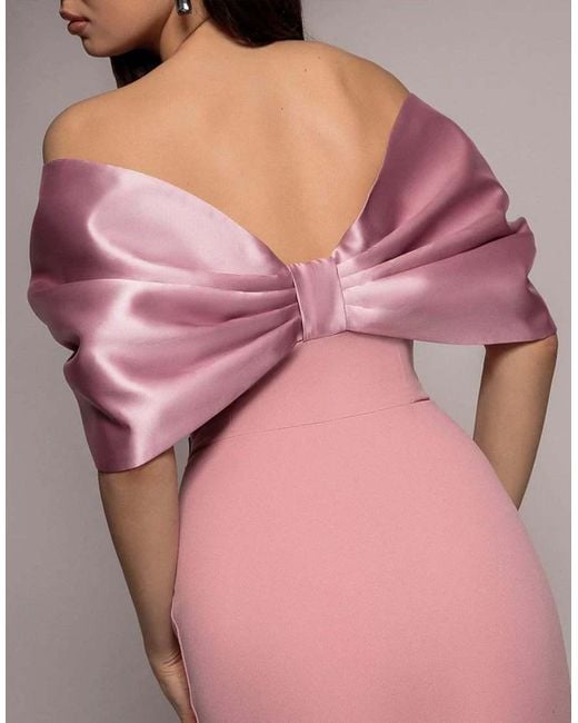 Goddiva Pink Off Shoulder Back Satin Bow Maxi Dress