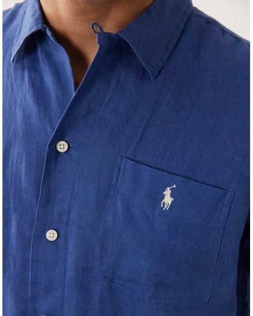 Polo Ralph Lauren Blue Icon Logo Short Sleeve Linen Shirt for men