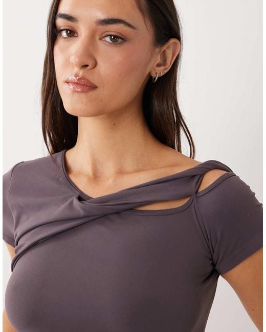 4505 Purple Plush Handle Asymmetric Drape Detail Cap Sleeve Studio Top