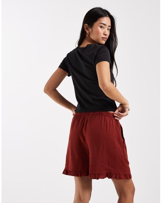 New Look Red Ruffle Linen Blend Pull-on Shorts