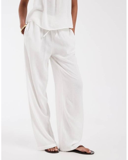 Pieces White Tie Waist Wide Leg Linen Blend Trousers Co-ord