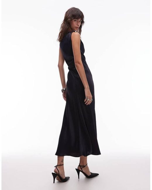 & Other Stories Blue Satin Crepe Midi Dress With Drape Neck