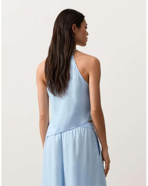 Oysho Blue Asymmetric 100% Linen Sleeveless Top