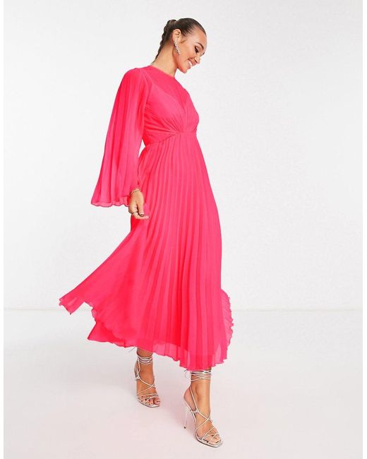 ASOS Pink Tie Back Fluted Sleeve Pleated Midi Dress