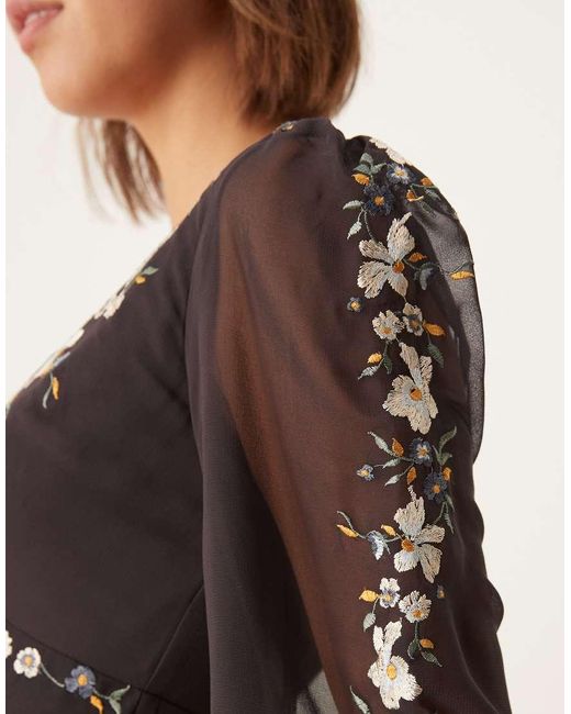 ASOS Natural Embroidered Long Sleeve Plunge Tiered Mini Dress