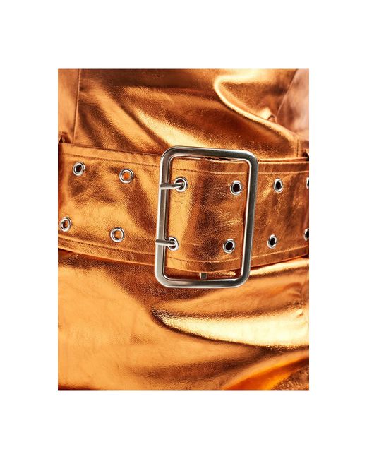 Annorlunda Orange Metallic Faux Leather Buckle Mini Dress