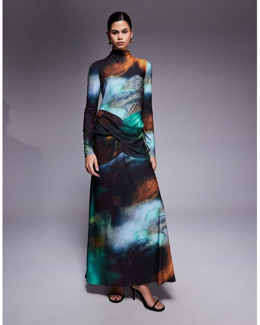 DASKA Blue High Neck Twist Drape Detail Maxi Dress