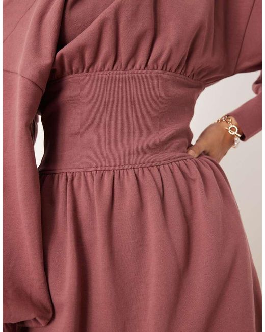 ASOS Pink Cotton Slash Neck One-shoulder Elasticated Waisted Mini Dress