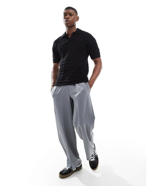 Only & Sons Black Drop Shoulder Open Knit Split Neck Polo for men