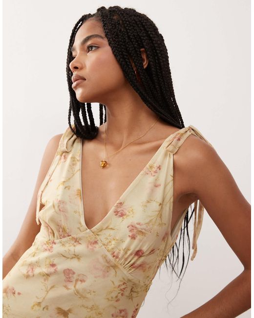 Reclaimed (vintage) Natural V-neck Mini Dress With Bow Shoulder Detail