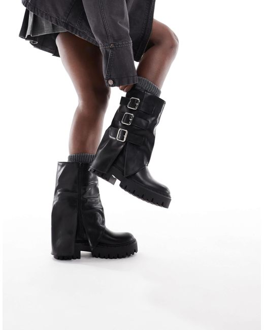SEQWL Wide Fit Black Stella Buckle Detail Chunky Boots