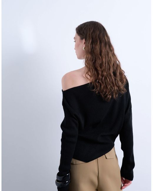 TOPSHOP Black Off The Shoulder Knitted Top