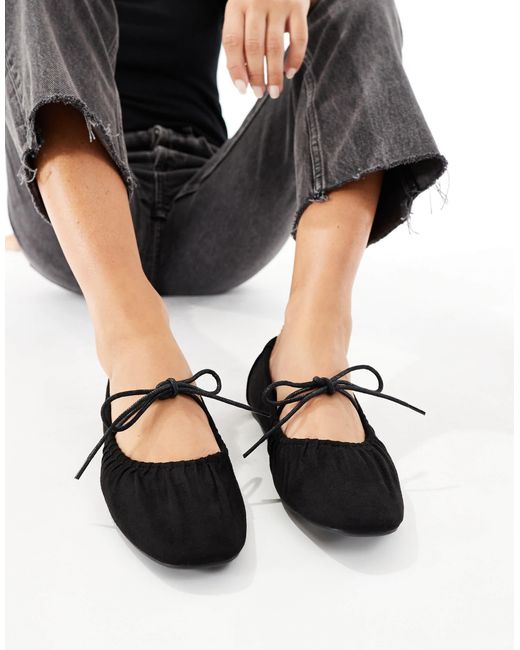 SEQWL Wide Fit Black Iris Tie Detail Ruched Ballet Flats