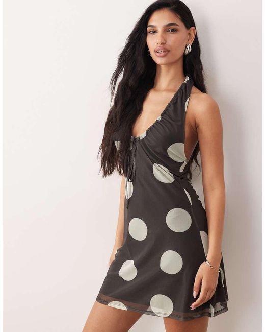 ASOS Natural Printed Mesh Ruched Halter Neck Mini Dress