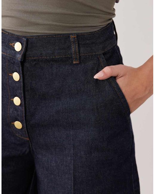 ASOS Blue Wide Leg Denim Bermuda Short With Gold Button
