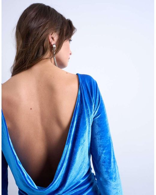 TOPSHOP Blue Velvet Cowl Back Long Sleeve Top