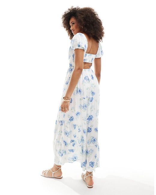 Hollister Blue Ruched Bust Floral Maxi Dress With Cut Out Back