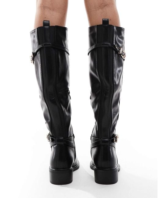 SEQWL Wide Fit Black Latte Buckle Detail Refined Riding Boots