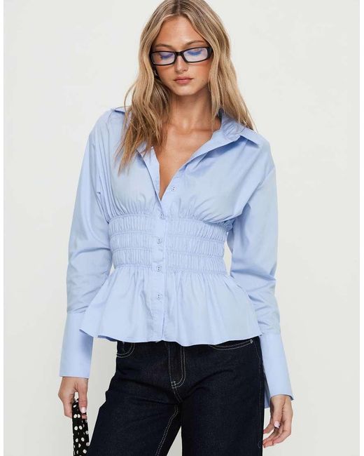 Princess Polly Blue As You Are Shirred Waist Button Up Shirt