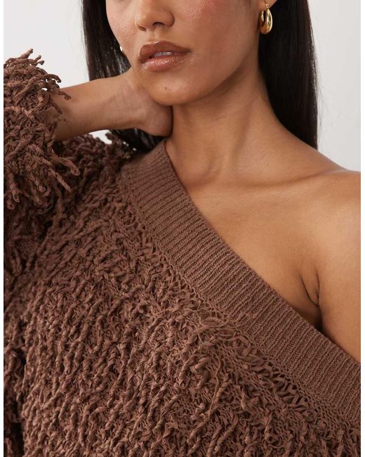 ASOS Brown Textured Knit Asymmetric Off The Shoulder Sweater