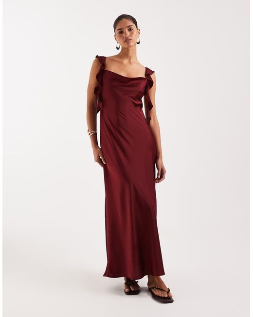 Vila Red Cowl Neck Satin Maxi Dress With Draping Frill Straps