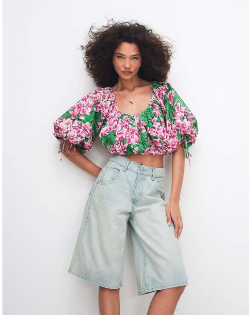 ASOS Multicolor Puff Sleeve Cropped Top
