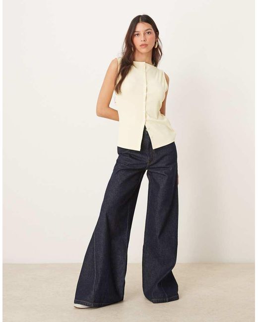 Abercrombie & Fitch Geribbelde Top Met Rechte Hals, Knoopsluiting En Lange Pasvorm in het Natural