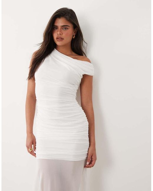 TFNC London White Mesh Asymmetric Off Shoulder Ruched Sheer Hem Maxi Dress