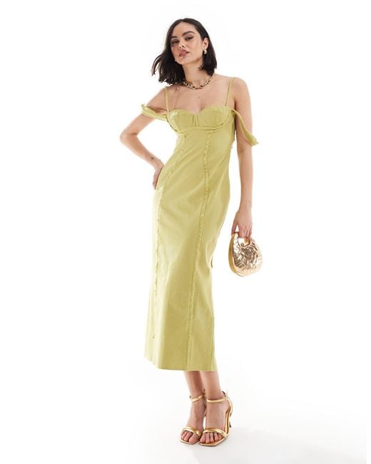 Robe mi longue en lin effiloche style corset avec boucle vert olive ASOS en coloris Metallise Lyst