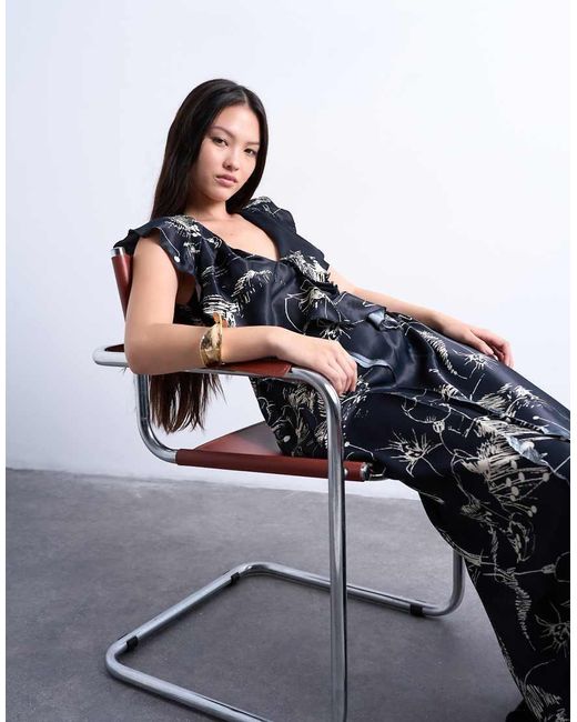 Vestido Largo Monocromático Con Estampado Floral, Costuras Sin Rematar Y Volantes De -Negro TOPSHOP de color Blue