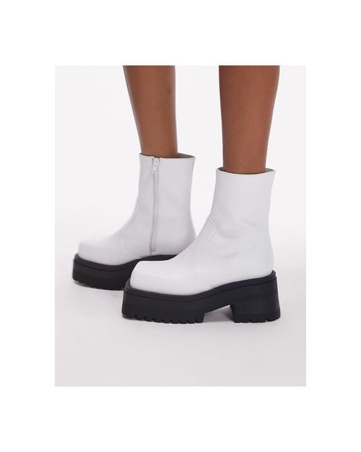 TOPSHOP White Beth Premium Leather Square Toe Ankle Boots