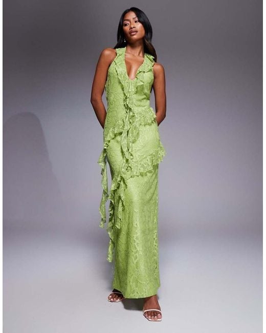 ASOS Plunge Lace Ruffle Maxi Dress in Green | Lyst UK