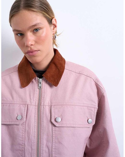 TOPSHOP Pink Patch Pocket Barn Jacket With Contrast Collar