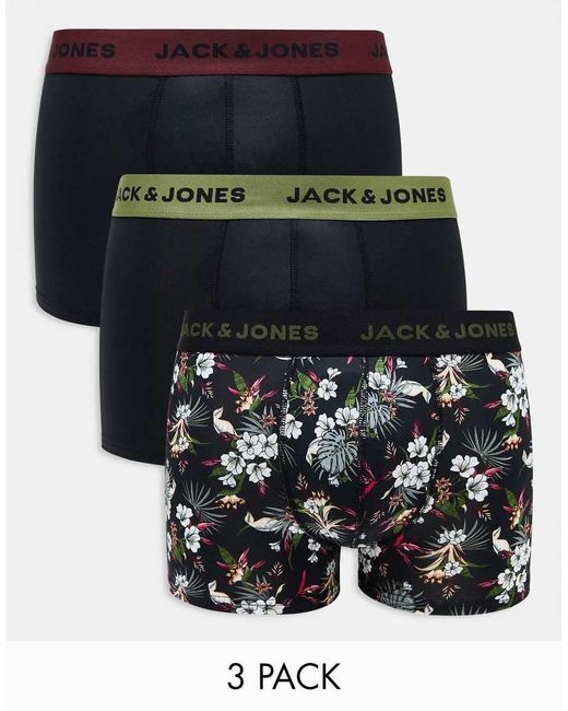 Pack De 3 Calzoncillos Negros Lisos Y Con Estampado Floral De Jack & Jones de hombre de color Blue