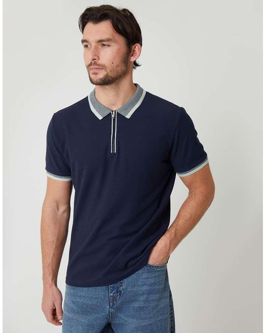 Threadbare Blue Cotton Tipping Collar Quarter Zip Pique Polo Shirt for men