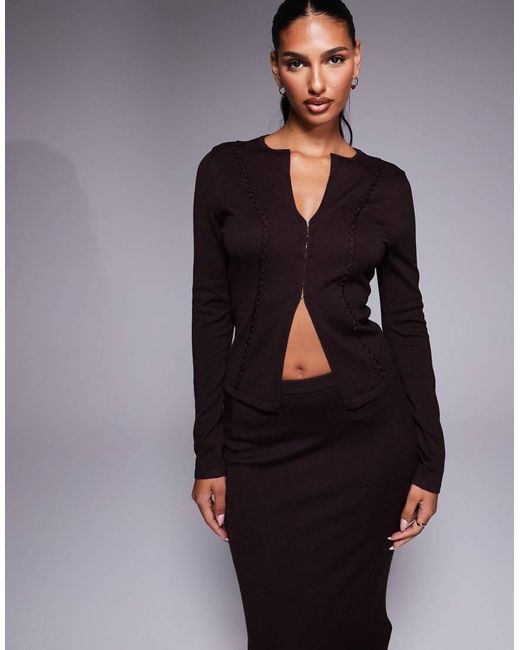 Kaiia Brown Exclusive Knitted Long Sleeve Split Front Clasp Detail Top Co-Ord
