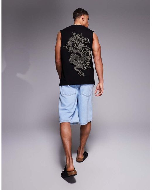 River Island Blue Japanese Dragon Back Print Tank for men