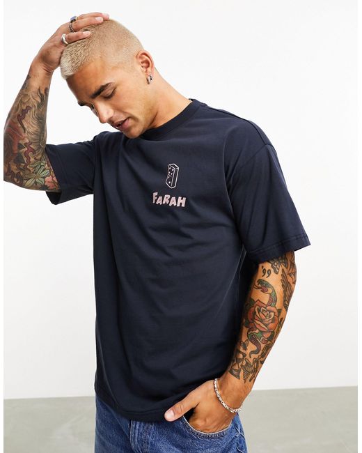 Farah Blue Wilby Dominoes Back Print Relaxed Fit T-shirt for men