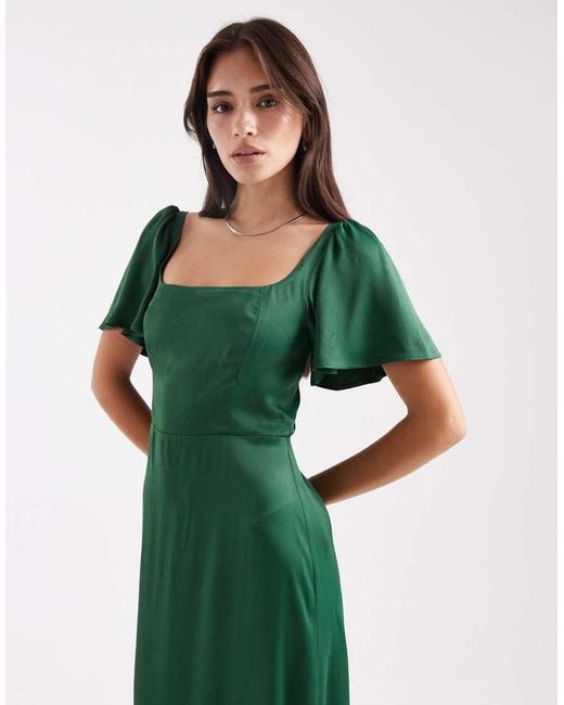 Maids To Measure Green Bridesmaid Square Neck Flutter Sleeve Maxi Dress