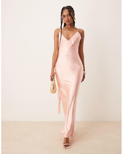 SNDY'S Natural Exclusive V-neck Satin Tie Back Detail Maxi Dress