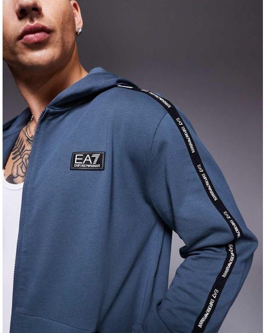 EA7 Blue Armani Zip Hoodie With Logo Tape Detail for men