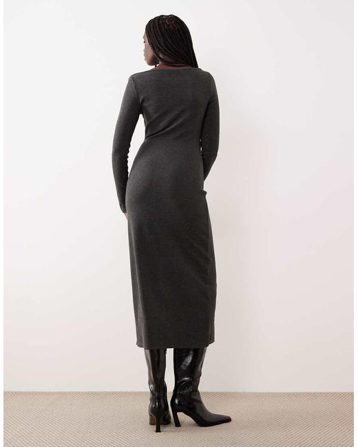 Mango Gray Boat Neck Ruched Waist Long Sleeve Maxi Dress