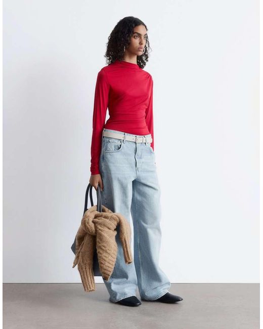 & Other Stories Red Asymmetric Ruched Long Sleeve Jersey Top